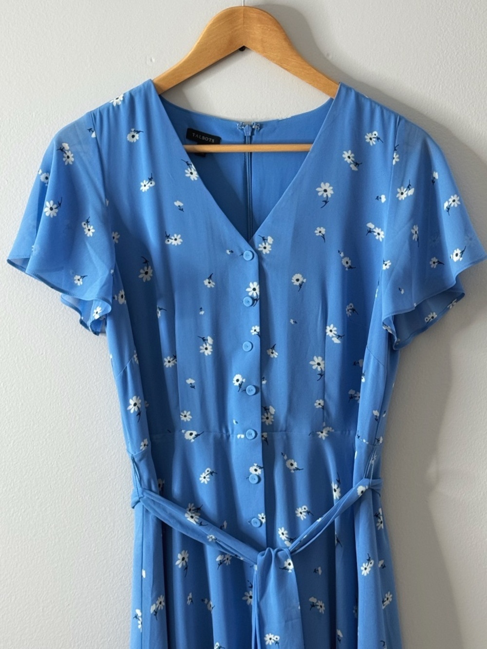 Talbots Midi Dress Scattered Floral Tie Front Belted Flowy Chiffon Short Sleeve - Picture 5 of 16